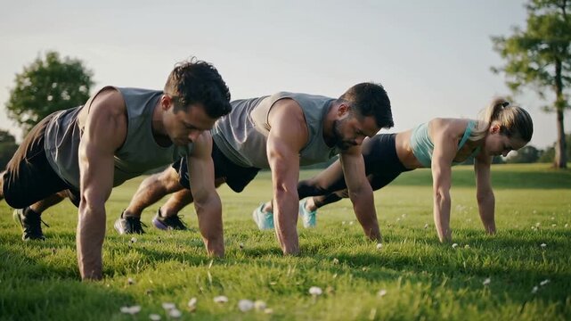Starting three adult exercisers doing push-ups on park lawn for fitness, with sports bra and shoes