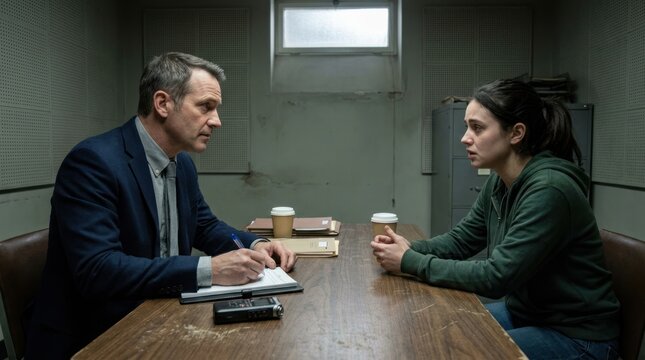 A man and a woman sit across from each other at a wooden table in a dimly lit interrogation room.