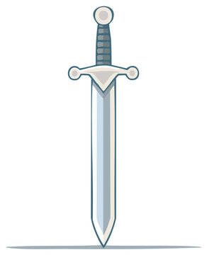 Stylized shiny silver sword illustration with sharp blade and gray hilt, classic fantasy weapon