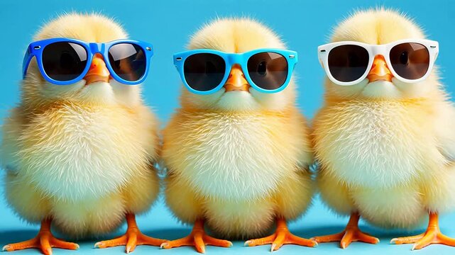 Premium Three baby chicks wearing sunglasses for Contemporary Lifestyle and Visual Storytelling