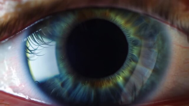 Detailed Eye Imagery. Macro Photograph Showcasing Vivid Iris Fibers And Reflective Eye Highlights