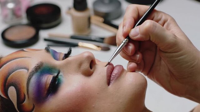 Approaching fine brush, makeup artist applying precise strokes to define lips at vanity, with tools