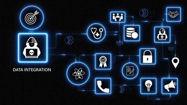 Data integration technology icons network with glowing blue digital interface system connection information merging process concept motion graphics transparent background 4k visuals