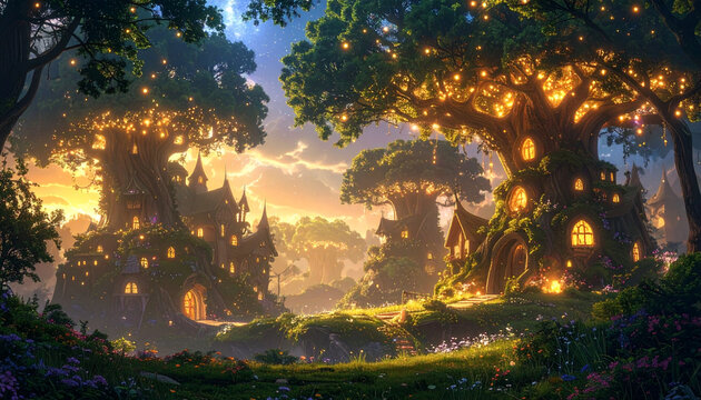 Enchanted forest scene at sunset