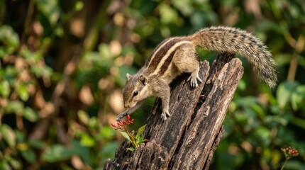 Fototapeta premium A striped squirrel climbs a weathered wooden post, intently nibbling on a cluster of vibrant red flowers. The squirrel’s long, bushy tail is prominently displayed.