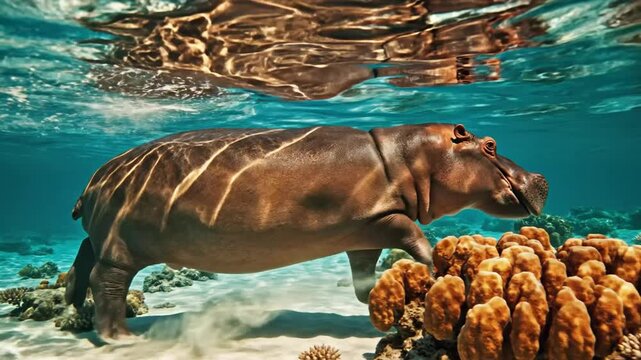 Hippo swims near coral.