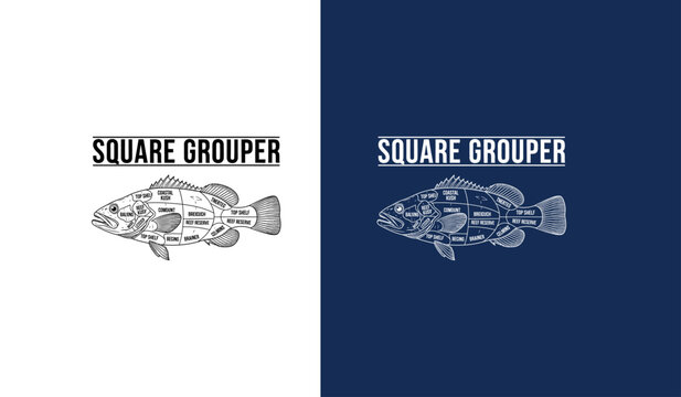 Square grouper logo a silhouette of a fish in two color variations