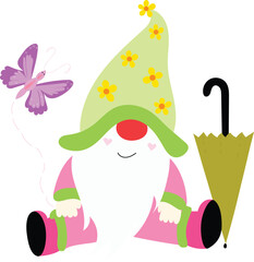 Fototapeta premium spring gnome with butterfly and umbrella 