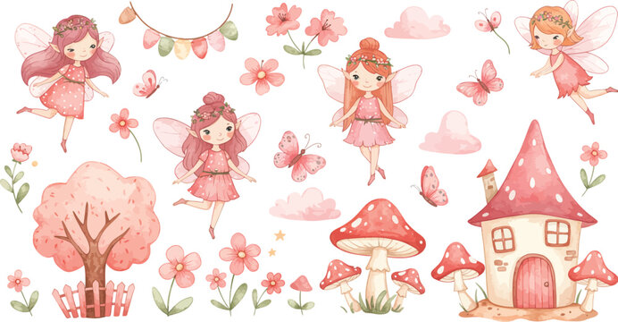 Whimsical illustration of fairy tale forest with magical creatures and flowers in soft pink hues and fantasy architecture