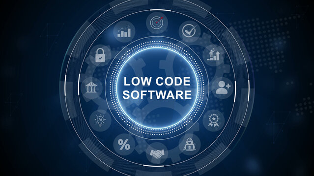 Low Code software development platform technology concept. glowing animation. 3d Motion graphics of technology icon interface background