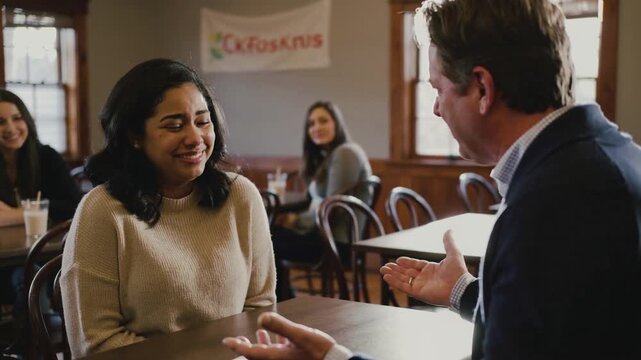 Laughing woman in beige sweater shifting to listening while man explaining paper at cafe table