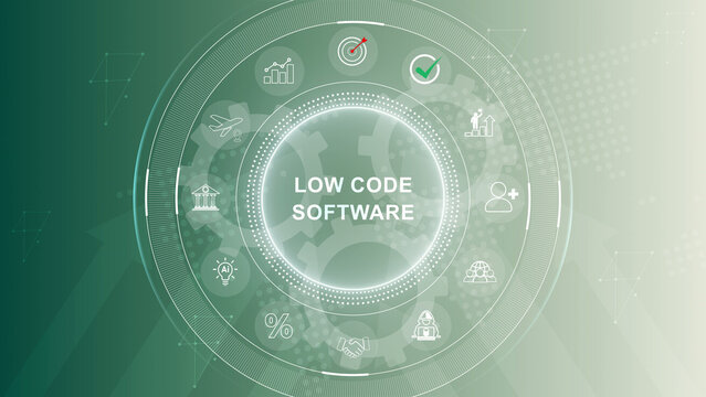 Low Code software development platform technology concept. glowing animation. 3d Motion graphics of technology icon interface background