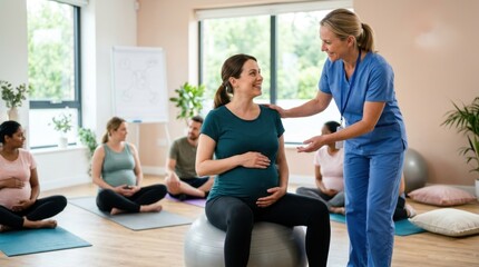 Fototapeta premium Smiling pregnant woman on a birthing ball receives gentle guidance from a supportive midwife or nurse in a prenatal education class focused on childbirth preparation.