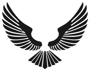 Fototapeta premium Abstract graphic emblem featuring stylized wings and feathered tail, in black and white design.