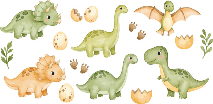 Watercolor illustration of various dinosaurs and eggs in a whimsical prehistoric scene with plants