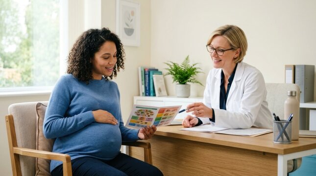 Smiling pregnant woman discusses prenatal care and healthy lifestyle with her cheerful female doctor during a consultation in a bright clinic.
