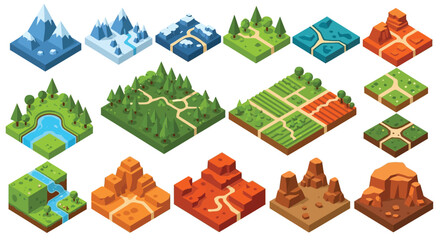 Isometric landscape tiles featuring mountains forests and desert terrain © SERINA AKTHER