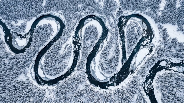An aerial view captures a winding river flowing through a dense forest covered in snow. The river snakes through the landscape, creating a dramatic and intricate pattern.