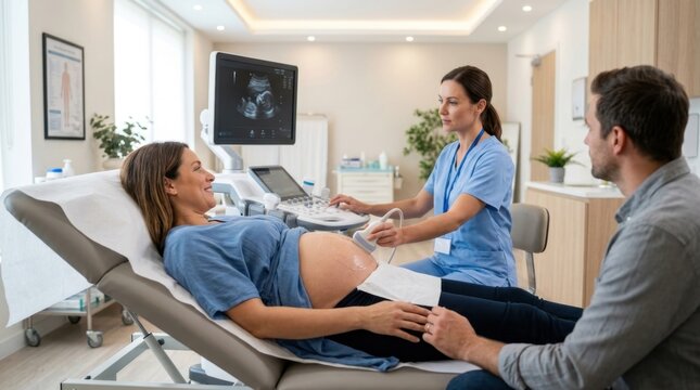 Smiling pregnant woman and her supportive husband share a joyful moment during a prenatal ultrasound scan performed by a female sonographer in a modern clinic.