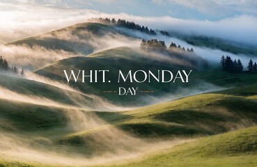 Whit Monday serene landscape with misty green hills and sunlight atmosphere symbolizing Christian holiday reflection peace faith and spiritual contemplation  generative ai