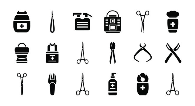 Collection of medical tools and equipment in simple black glyph icons
