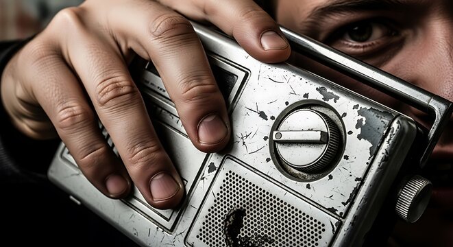 A close-up of a man's hand holding an old, worn-out radio with a mysterious gaze 2026 soccer world championship tournament fan
