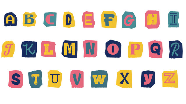 Ransom note alphabet set, colorful paper cutout letters A to Z isolated on transparent PNG.