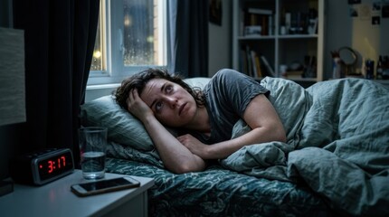 Obraz premium A woman lies in bed, distressed and awake. She is clutching her head with her left hand, her face displaying a look of intense worry and sadness.