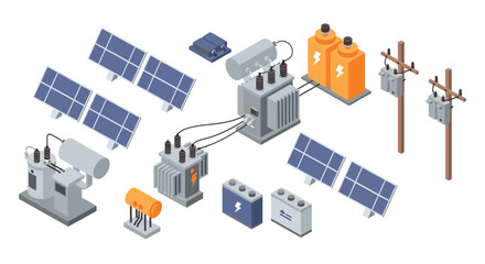 Isometric illustration of a solar power energy generation and distribution system © SERINA AKTHER