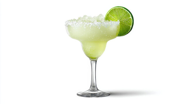 Margarita Cocktail With Lime And Salt Rim Isolated On White Background