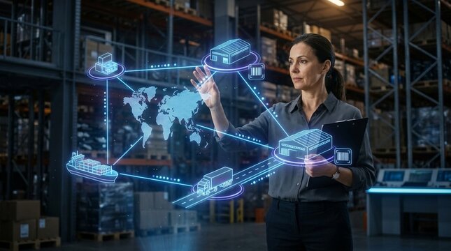 Logistics manager interacting with holographic supply chain management network in warehouse, smart logistics concept
