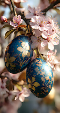A pair of blue and gold painted Easter eggs