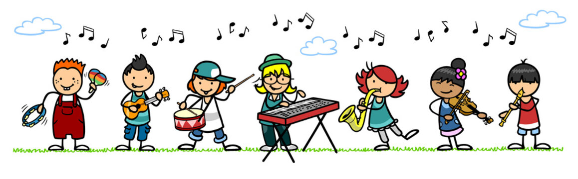 Cartoon Kinder spielen Musik in Sch&uuml;lerband auf Wiese