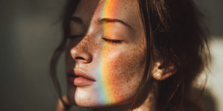 A peaceful freckled face is adorned with a vibrant rainbow of sunlight. Soft light highlights the serene expression and natural beauty in this dreamy portrait.