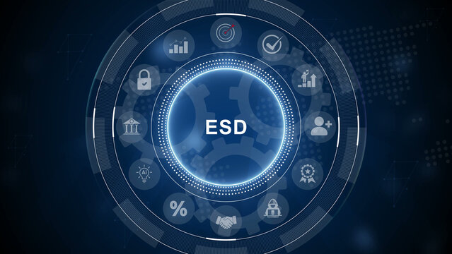 ESD acronym. Electrostatic Discharge (ESD) is the sudden flow of electricity between two electrically charged objects. 3d Motion graphics of technology icon interface background