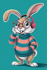Obraz premium Cartoon giraffe character wearing striped shirt and red bow tie standing on blue background