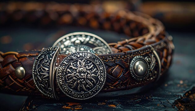 Ornate Silver Conchos Adorning a Detailed Leather Belt with Braided Accents