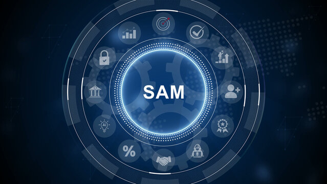SAM acronym. Software Asset Management (SAM) manages software assets throughout their lifecycle, 3d Motion graphics of technology icon interface background