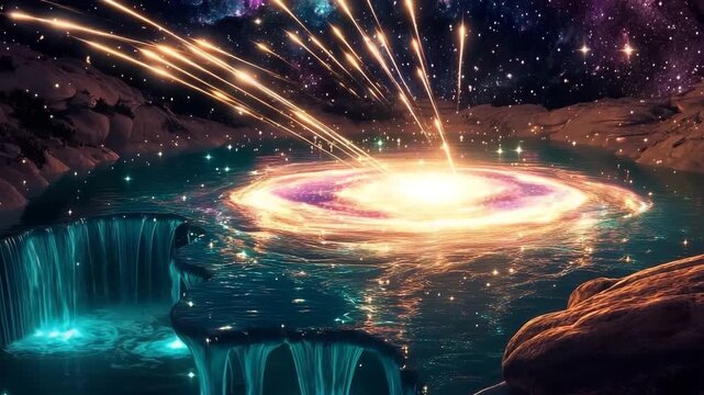 Cosmic landscape where shooting stars cascade into a vibrant galaxy under a starlit sky