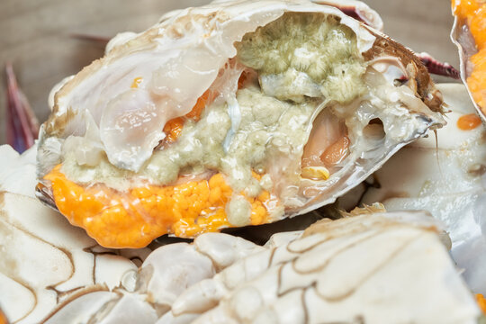 These macro photos showcase premium female blue swimming crabs bursting with bright orange roe. The images highlight both the fresh raw ingredient and a mouthwatering spicy braised Korean seafood dish