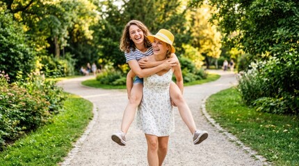 Fototapeta premium A young woman carries her daughter on her back through a park. The two women are laughing and enjoying a playful moment outdoors.