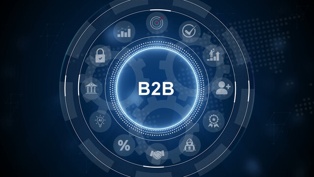 B2B Business Growth and Digital Transformation Concept.representing corporate partnerships, communication, and technology. 3d Motion graphics of technology icon interface background
