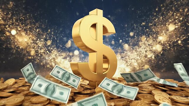 A cascade of golden coins falls against a dark blue background with bright light streaks.