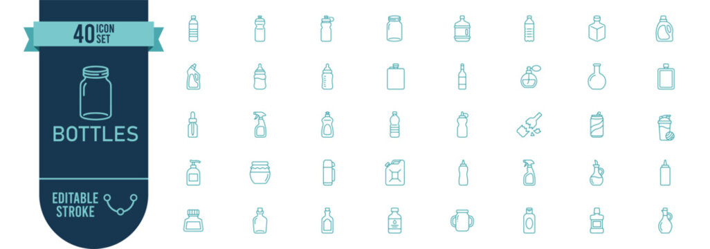 Plastic and Glass Bottles Line Icon Set - 40 Editable Icons for Beverage, Cosmetics, Household Chemicals, Medicine, Spray, and Liquid Packaging Containers.