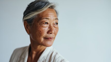 Fototapeta premium Contemplative Asian Elderly Woman in White T-Shirt and Necklace, Portrait Style