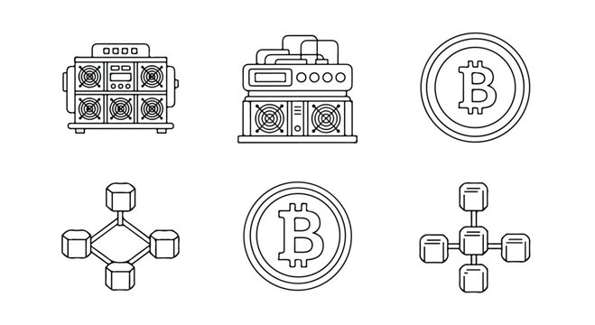Cryptocurrency mining icons set, bitcoin blockchain technology vector elements, digital currency farm hardware and network nodes in line art style