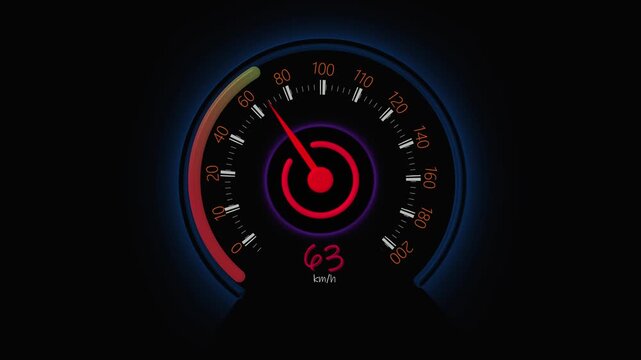 Glowing speedometer indicating 23 mph with illuminated dials and needles. Speedometer visualization with tech elements. Ideal for automotive projects.