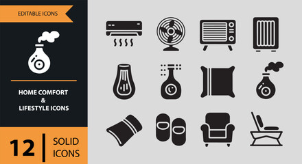 Fototapeta premium 12 Home Comfort and Lifestyle Solid Icons solid icon set. home comfort lifestyle furniture appliances solid icons