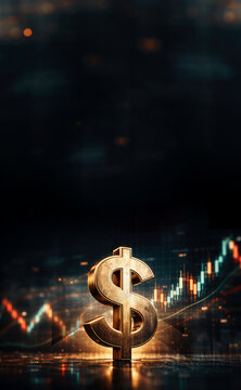Golden dollar symbol with luxurious metallic shine placed on abstract stock market background