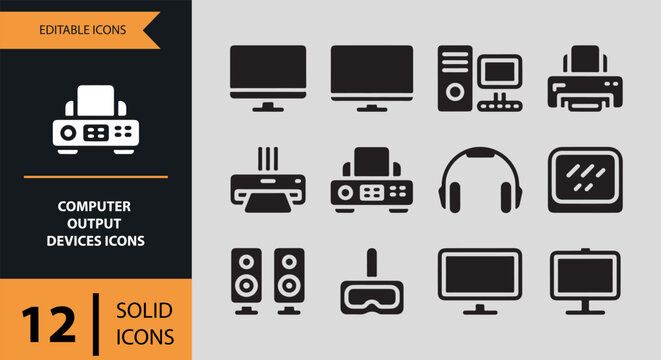 12 Computer Output Devices Solid Icons solid icon set. monitor printer output devices solid icons